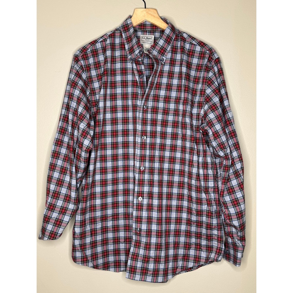 LL Bean Mens Plaid Button Down Shirt Traditional Fit Grey Red Blue M 500539